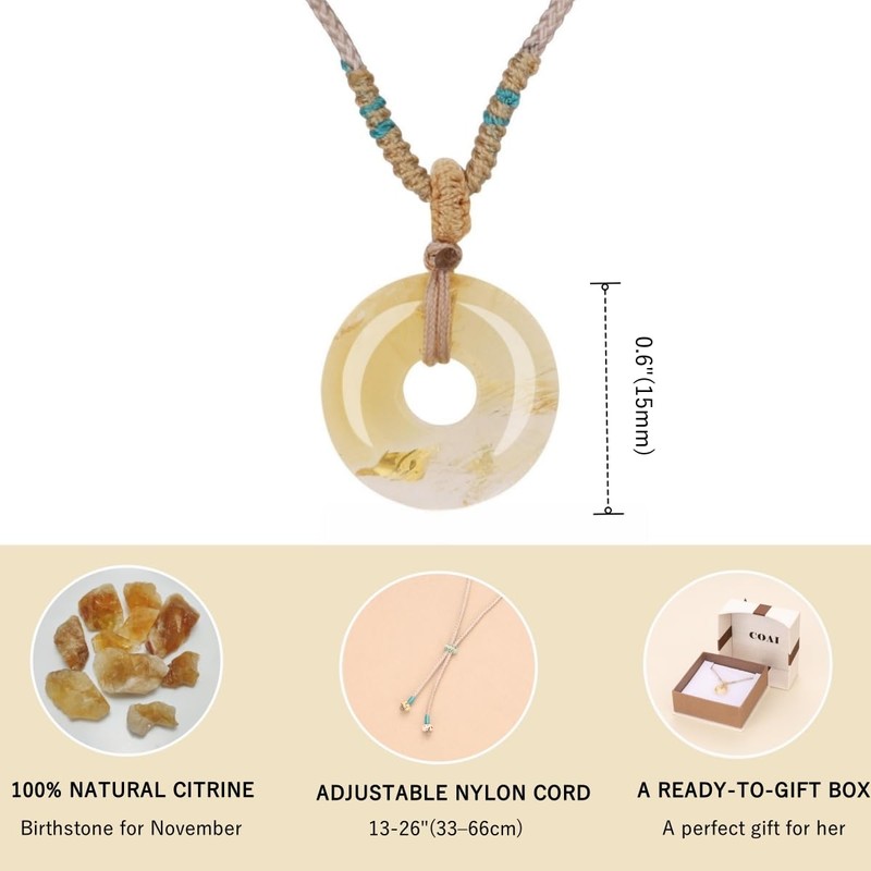 COAI Women's Citrine Donut Pendant Necklace with Khaki Chain for