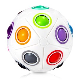 ROXENDA Magic Ball Rainbow Ball, Skill Game Fidget Puzzle Ball with 20 Holes Pouch Color Matching - Brain Teaser Ball toys for Kids Birthday Party & 3D Stress Ball for Children and Adults(White)