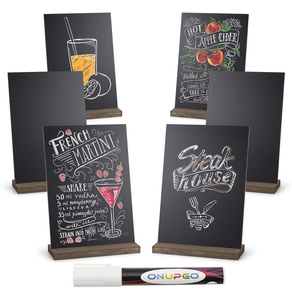 ONUPGO Mini Chalkboard Signs, Double Side 6 x 9 Inch Vintage Wooden Tabletop Chalkboard Sign with Base Stands - Set of 6, Decorative Mini Chalkboard Table Signs Small Message Chalk Board Sign