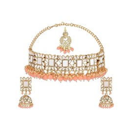 Efulgenz Bridal Jewelry Choker Necklace Dangle Earrings Floral Style Kundan Crystal Faux Pearl Neckalce Earrings Wedding Indian Jewelry Set for Women, Copper, not known