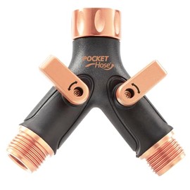 Pocket Hose Copper Bullet 2-Way Hose Splitter, Heavy-Duty, AS SEEN ON TV, Y-Shaped, Leak-Proof, Connect Two Hoses at Once, Lead-Free, Independent On/Off Switches, Fits Standard Faucets & Garden Hoses