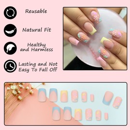 24Pcs Square False Nails Medium, Glossy Cute Flower French Press on Nails, Frosted Stick on Nails with Glue Stickers, Full Cover Artificial Fake Nails for Women Girls DIY Manicure Decoration