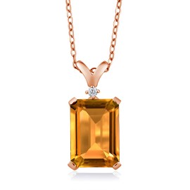 Gem Stone King 6.78 Ct Octagon Checkerboard Yellow Citrine White Diamond 18K Rose Gold Plated Silver Pendant with Chain