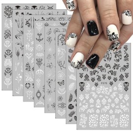 8 Sheets Flower Vintage Vine Nail Stickers Decals,3D Self- Adhesive Retro Flower Pattern Nail Decals Black White Leaves Flowers Nail Design Butterflies Pegatinas Uñas for Women Girls Nail Supplies