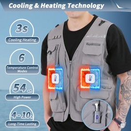 BOTTLESTALK Cooling and Heating Fishing Vest for Men, Semiconductor Tech with 12V 15000mAh Battery, Lasting 4-9 Hours, 6 Modes (52°F - 120°F in 3 Seconds), 13 Multi Pockets