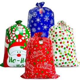 POPGIFTU Pack of 4 XXXL Christmas Sacks, Santa Sack for Gifts, Jumbo Size Christmas Gift Bags for Gift Wrapping, Christmas, Tear-Resistant Polypropylene Material (92 x 138 cm)