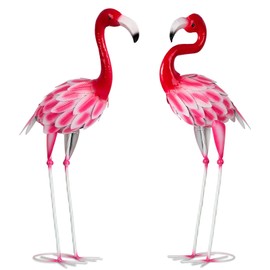 SUNREEK Set of 2 Pink Flamingo Outdoor Statues, Metal Yard Flamingo for Garden Patio Lawn Backyard Decorations