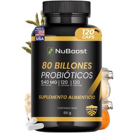 NuBoost Probióticos 80 Billones - 120 Cápsulas - 10 Cepas de Lactobacilos con Inulina (Prebiotico) - 120 Porciones - Flora Intestinal - Probiotics -  