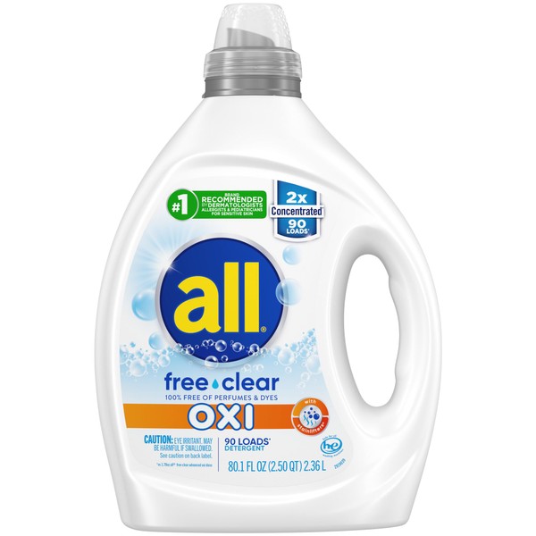All Liquid Laundry Detergent, Free Clear for Sensitive Skin with OXI, Unscented and HypoAllergenic, 2X Concentrated, 90 Loads