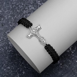 JENDEAR SHINE Thor's Hammer Bracelet for Men 925 Silver Adjustable Hand-Woven Rope Chain Vintage Men's Bracelet, Silver