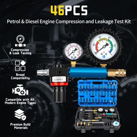 Kuntech 46PCS Compression & Leak Down Tester Kit Dual-Gauge for Petrol/Diesel Engines, Cylinder Leak Detector with Quick-Connect Hose, Compression Tester Kit for HDI, TDCi, Pumpe Duse Engine