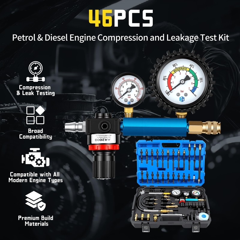 Kuntech 46PCS Compression & Leak Down Tester Kit Dual-Gauge for