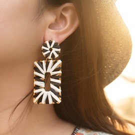 Statement Raffia Earrings Boho Drop Earrings Geometric Dangle Earrings for Women Handmade Straw Earrings Beach Earrings(Black+Ivory)