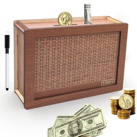 Wooden Money Box with Marker, Cash Box with Counter and Erasable Pen, Money Box, Note Counter, Money Box, Reusable with Savings Target and Numbers, Savings Target €5000