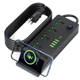 PATDEENREE Surge Protector Power Strip with Cordless Charging-6.56 ft Travel Extension Cord Portable Powerstrip with 4 Outlet 4 Smart USB A Port 2 USB C and Phone Holder for Home Office Travel