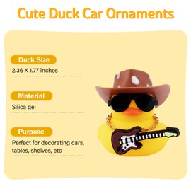 wonuu Rubber Duck Car Ornaments Guitar Duck Cool Car Accessories Car Dashboard Decorations with Cowboy Hat Necklace and Sunglasses, Brown&White