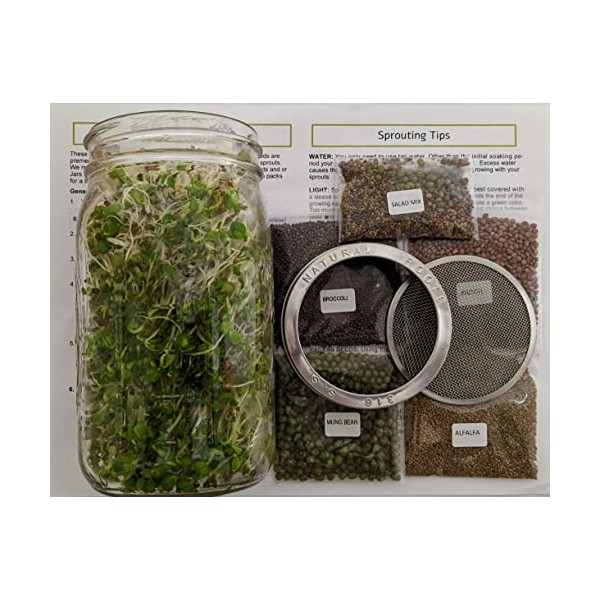 Sprouting Jar with Variety Pack Sprouting Seeds Kit . Non-GMO.
