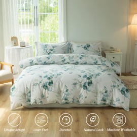 MILDLY Duvet Cover Leaf Pattern - 100% Washed Cotton Eucalyptus Printed Comforter Cover Sage Green Bedding Set with Zipper Closure 4 Ties Full Size