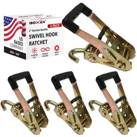 Boxer 4 Pack Heavy Duty Rubber Handle 2" Ratchet Buckle with Swivel J Hook, Double Locking, Breaking Strength 6,600lbs Towing, Cargo Control Tie Down