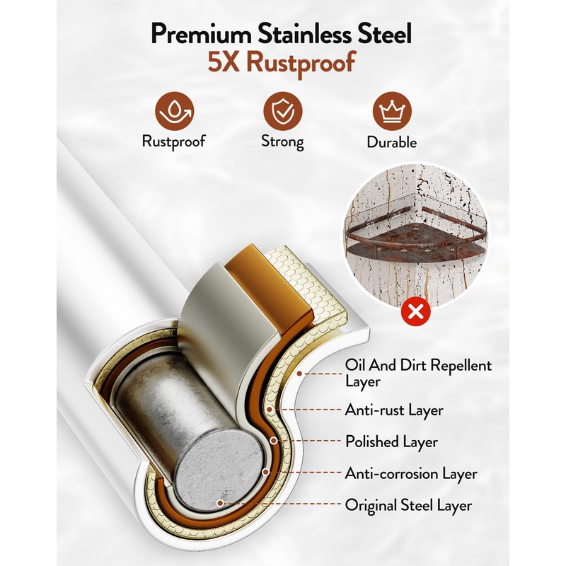 Orimade Corner Shower Caddy with 2 Hooks Wall Mounted Metal