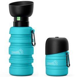 Pecute Dog Water Bottle Portable & Retractable,17oz-29oz Water Dispenser with Folding Bowl, 5 Levels Capacity in 1,Carabiner Clip,100% Food Grade Silicone,Outdoor Walking,Hiking,Travel,Light Blue