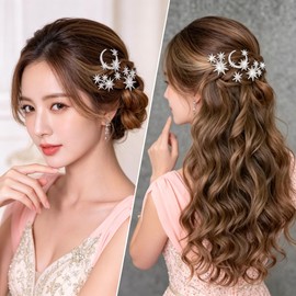 5PCS Star Moon Crystal Bridal Hair Pins, Silver Rhinestone Hair Accessories for Brides, Women - Sparkly Prom Hair Accessories for Wedding Prom Engagement