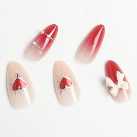 BFY Valentines Day Press on Nails Medium Almond Fake Nails, Red Hearts 3D Bow Rhinestones Acrylic Nails Set Stick Glue on Nails, Red Nude Gradient False Nails Nail Accessories Decorations 24 Pcs