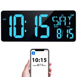 XREXS 17.2" Large Digital Wall Clock Bluetooth Sync Time, Precise Atomic Clocks with Remote Control, Adjustable Dimmer Grandfather Clock, Temperature Clock for Bedroom, Desk Alarm Clock for Teens