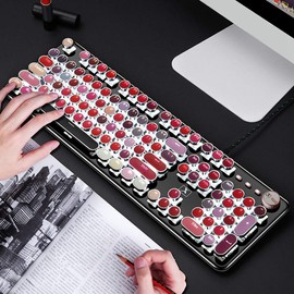 Corn K520 Lipstick Mechanical Gaming Keyboard Metal Panel Round Retro Backlit 104 Keys USB Wired Blue Switch for Desktop, Laptop