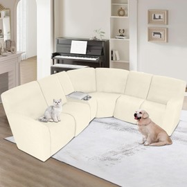ALIECOM 100% Waterproof Recliner Sectional Couch Covers L Shape Stretch Corner Reclining Sectional Sofa Cover Washable Recliner Slipcover Protector for Dog Pet (5 Seat and 1 Console, Beige)