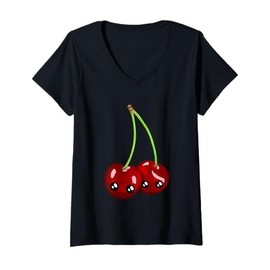 Womens Cherry Kawaii Rockabilly Cute Retro Cute Vintage Design V-Neck T-Shirt