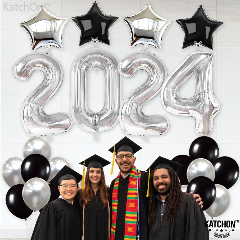 Silver 2024 and Star, Black and Confetti Balloons