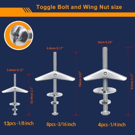 weideer weideer 100Pcs Toggle Bolts 1/8" 3/16" 1/4" Heavy Duty Drywall Anchors and Screws Assortment Set Toggle Bolts and Wing Nut Kit with Nuts washers (25sets) K-136