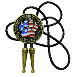 Moranse Bolo Tie with Fluttering American Flag Patriot Style Genuine and Cowhide Rope, Law Medal, Medium