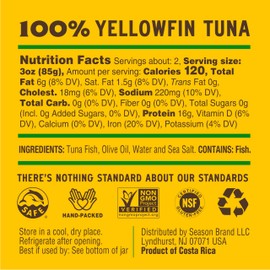 Season Yellowfin Tuna Fillets in Olive Oil - Wild Caught, Hand-Packed in Glass Jars, 16g of Protein per Serving, Premium Quality - 6.7 Oz (Pack of 6)