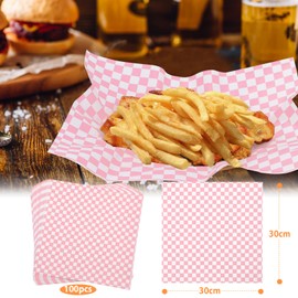 KIKISML 100 Sheets Pink and White Checkered Deli Paper Sheets 12 * 12 Inch, Food-graded Greaseproof Paper Basket Liners for Sandwiches, Burgers, Fries Wrapping Paper for Party, Festival and Outdoors