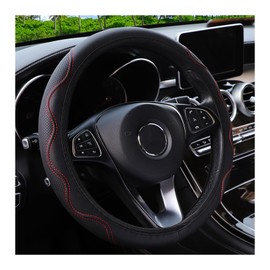 Leather Steering Wheel Cover, Universal Non-Slip Breathable Elasticity Microfibre Wavy Steering Wheel Cover, Car Steering Wheel Protective Cover, 37-38 cm, Black Red