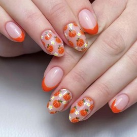 Fall Press on Nails Medium Almond Fake Nails with Cute Flower Pumpkin Design Orange French Tip Glue on Nails Glossy Skin Tones False Nail Glossy Full Cover Winter Xmas Nail for Women Manicure 24Pcs