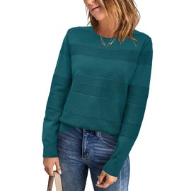 Arach&Cloz Womens Fall Sweaters 2024 Crochet Crew Neck Long Sleeve Knit Tops Pullover Fashion Clothes Outfits Peacock Green S