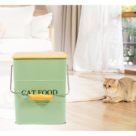 Morezi Cat treat and food storage tin with wooden lid scoop included green powder carbon steel cat food bin pet food container storage cat in kitchen
