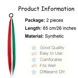 2 Pack Colored Braid Hair Extensions 26 Inch Ponytail Extensions for Women Girls Green Red White Hair Extensions for Christmas Braiding Crazy Hair Day Hair Accessories with Hair Tie