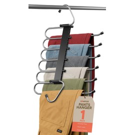 Black Space Saving Pants Hangers 1 Pack, 6 Layer Jeans Hangers and Closet Organizer for Jeans, Scarves, Skirts, Multi-Layer Hanger with Anti-Slip Coating & Stopper, Heavy-Duty S-Type Stainless Steel