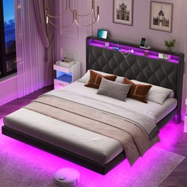 Loomie Full Floating Bed Frame with LED Lights & Charging Station, Upholstered Platform Bed with Button Tufted Wingback Storage Headboard, Wood Slats Support, No Box Spring Needed, Easy to Assemble