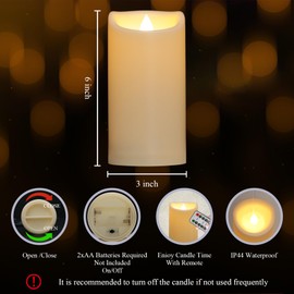 7LinRay 3" x 6" Waterproof Outdoor Candles Battery Operated, Flickering Flameless Pillar Candles with Remote, Plastic LED Candles for Home, Wedding Decor, Ivory, Pack of 2