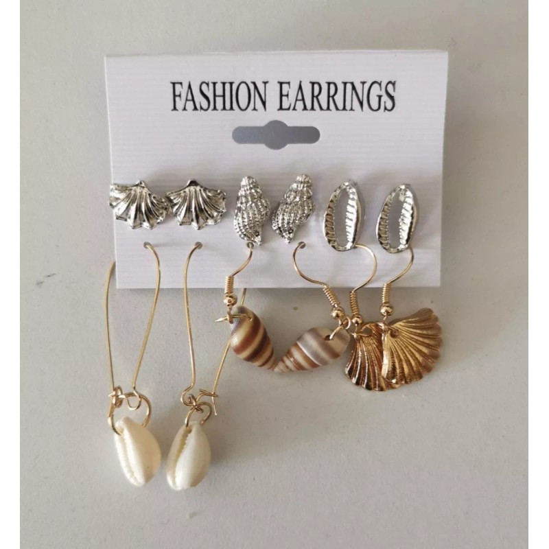 Deluxe Set Aretes 6 En 1 Playeros Concha Joyería Plateados