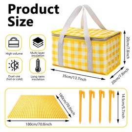 Huakaile Insulated Picnic Baskets 13.8*7.9*7.9 In with Picnic Blanket 70.9*70.9 In, Portable Waterproof Insulated Bags, Cooler Bags Beach Bags for Hot or Cold Outdoor Activity Beach Camping (Yellow)