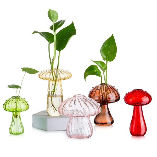 Glasseam Mushroom Glass Planter, Set of 5 Colored Plant Propagation Station, Mini Terrarium for Plants, Unique Small Glass Vase for Flowers, Cute Hydroponic Indoor Planters Gifts for Women Room Decor