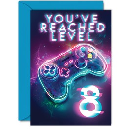 8th Gamer Birthday Cards for Boys Girls - You've Reached Level 8 - Happy 8 Birthday Card for Son Daughter Nephew Niece Grandson, 5x7 Inch Eight Eighth Bday Video Game Greeting Cards