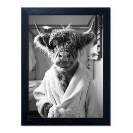 Framed Highland Cow Brushing Teeth Wall Art, Black and White Bathroom Wall Decor, Funny Cow Pictures Guest Bathroom Decor, Funny Animal Canvas Print rtwork