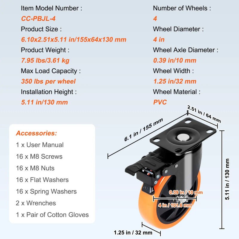 4-Inch Swivel Plate Casters Set 4 Heavy Duty 350 Lbs